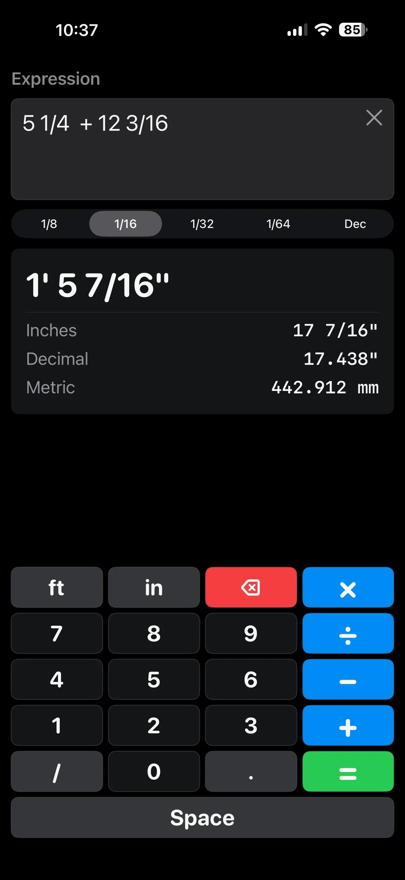 SwiftCalc iPhone interface calculating feet, inches, and fractions