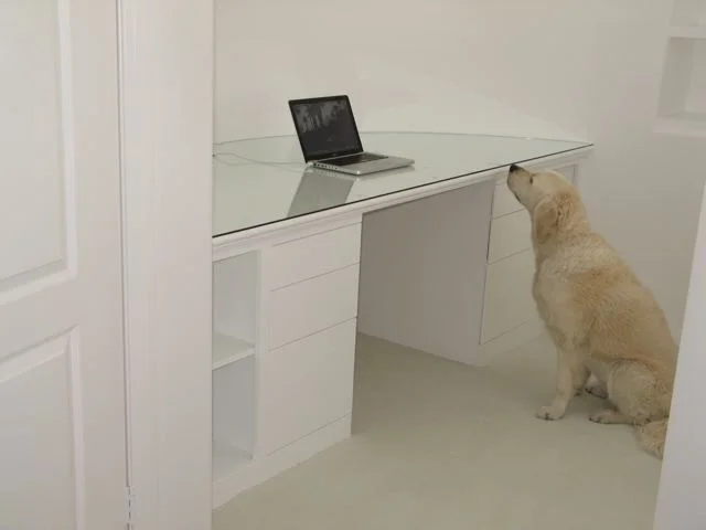 White built-in desk with a dog sitting beside it